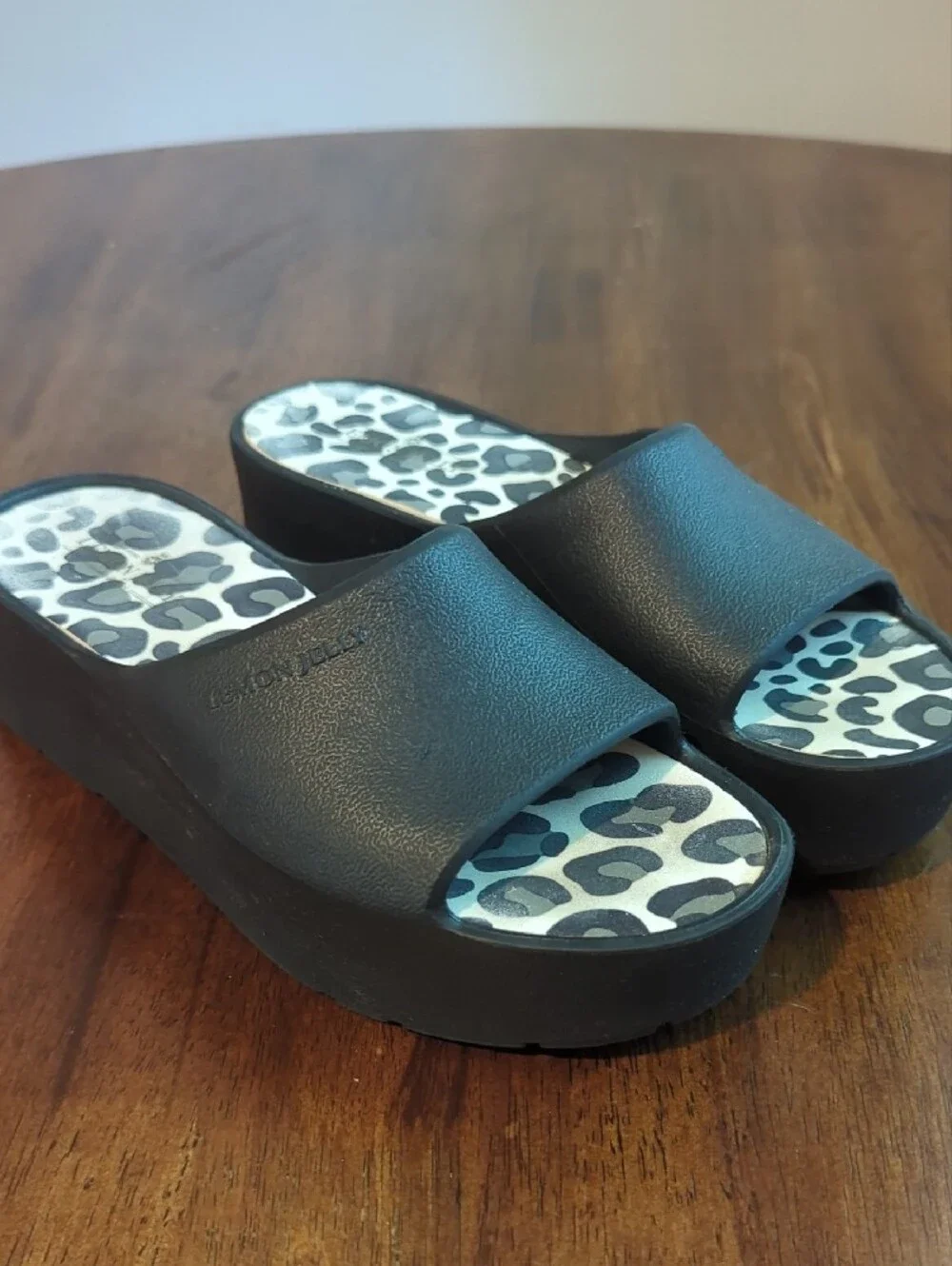 Lemon Jelly Platform Slides Sandals Waterproof Leopard Black size 7.5